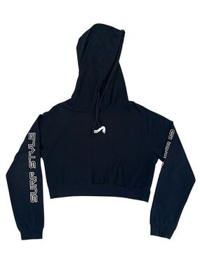 Surf Style Womens M Cropped Pullover Hoodie Black Sweatshirt White Logo Sleeve